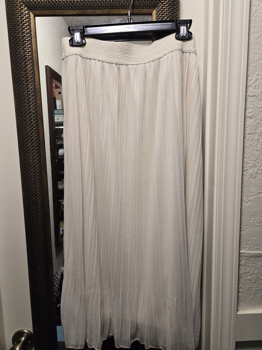 Women's Shimmery Cream Pleated Maxi Skirt - Elegant Long Skirt